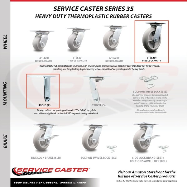 8 Inch Heavy Duty Thermoplastic Rubber Rigid Caster with Roller Bearing SCC